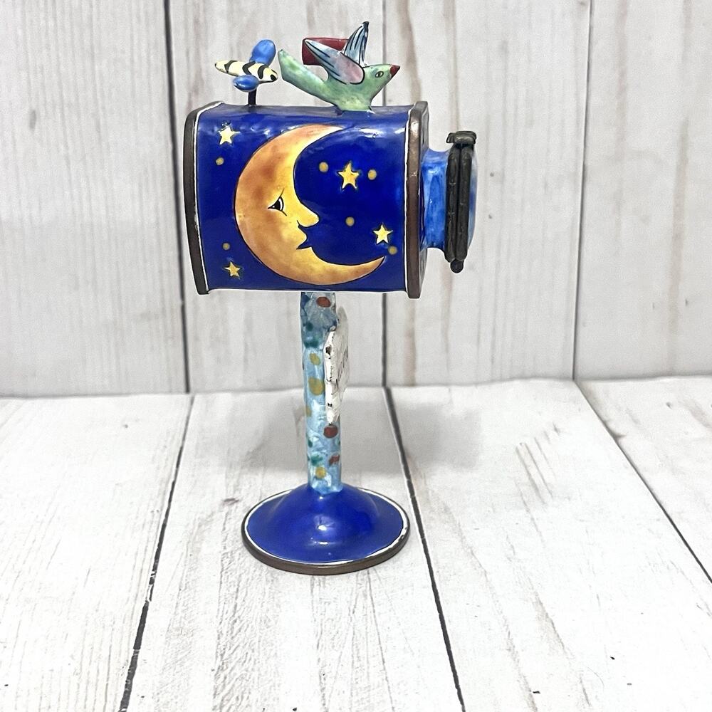 Vtg Kelvin Chen 2001 Postage Mailbox 5.0 Tall Trinket Moon Stars Birds Box #497